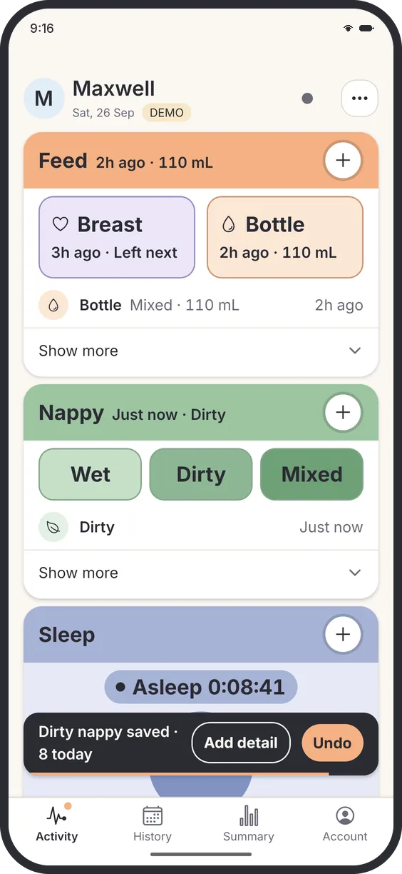 A dirty nappy has just been saved, with Add detail and Undo buttons at the bottom of the screen