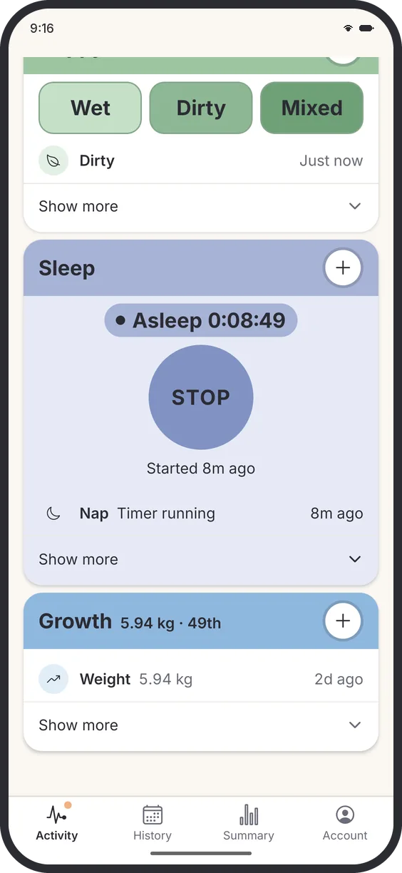The Maxie Sleep card with a nap timer running and a big Stop button